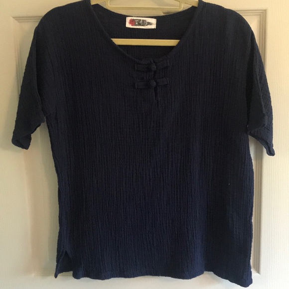 Navy blue linen blend frog button top - Picture 1 of 5